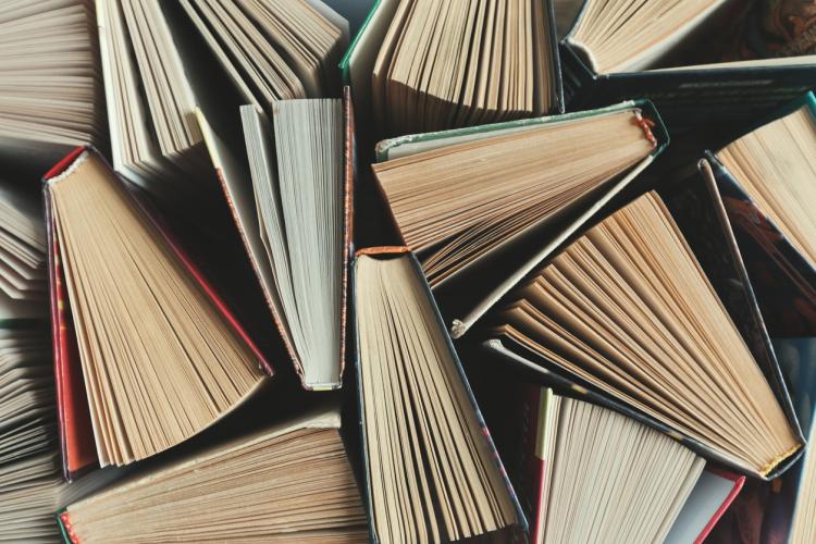 Standing books, photographed from above