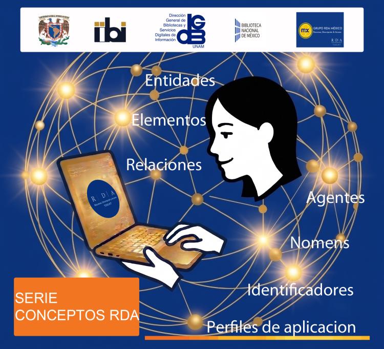 Illustration of a woman using a laptop against a blue background with RDA terms in Spanish surrounding her.