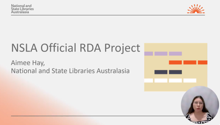 Screenshot of the title slide of Aimee Hay's presentation 'NSLA Official RDA Project'. Aimee herself (a woman with long dark hair wearing glasses) can be seen in a bubble in the bottom-right of the screen