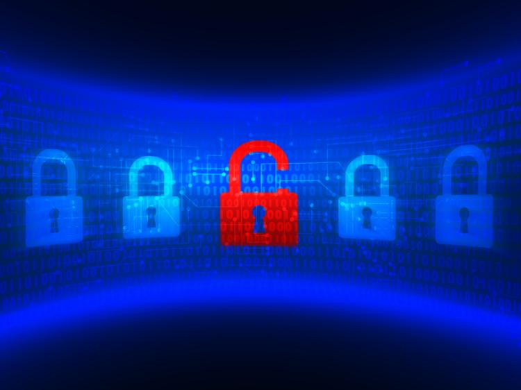 series of blue padlocks with one red open padlock.