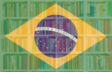 Flag od Brazil laid over an image of a bookcase