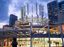 Color photograph of the enterance to the Metro Toronto Covention Centre at Dusk